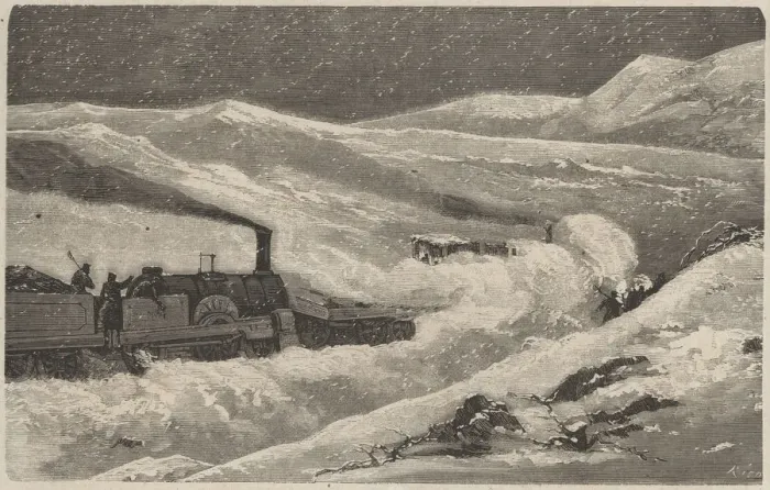 Framed Print : Train blocked by snow in the Guadarrama pass in winter 1874, engraving of the time Framed Print : Train blocked by snow in the Guadarrama pass in winter 1874, engraving of the time