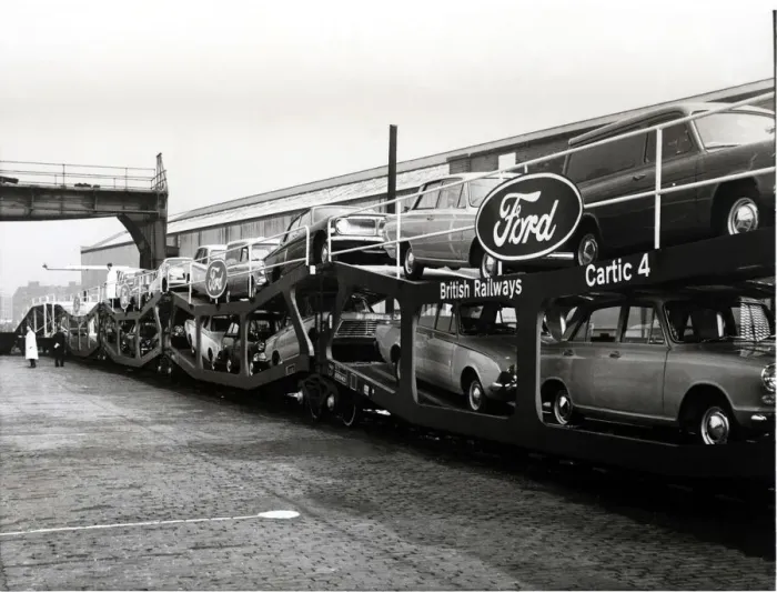 Framed Print : Train carrying cars of the Ford trademark, 1950 Framed Print : Train carrying cars of the Ford trademark, 1950
