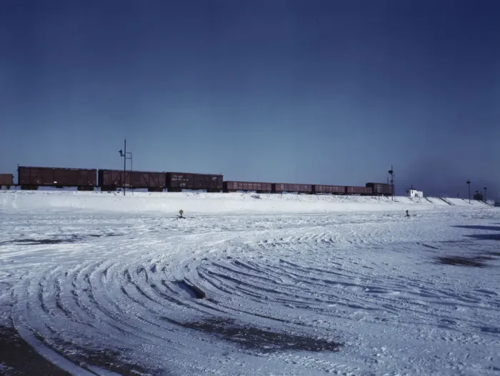 Framed Print : Train going over the hump at C & NW RRs Proviso yard, Chicago, Ill. 1942. Creator: Jack Delano Framed Print : Train going over the hump at C & NW RRs Proviso yard, Chicago, Ill. 1942. Creator: Jack Delano