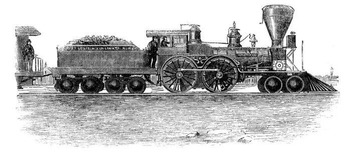 Framed Print : Train machine in the line from Ohio to Mississippi, engraving, 1858 Framed Print : Train machine in the line from Ohio to Mississippi, engraving, 1858