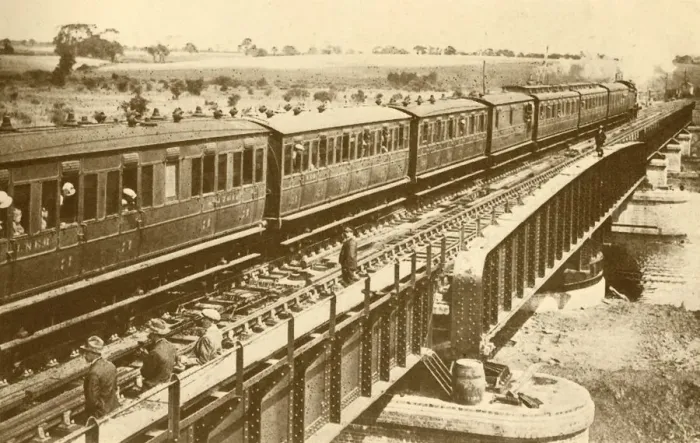 Framed Print : A Train Passing Over The Bridge, c1930. Creator: Unknown