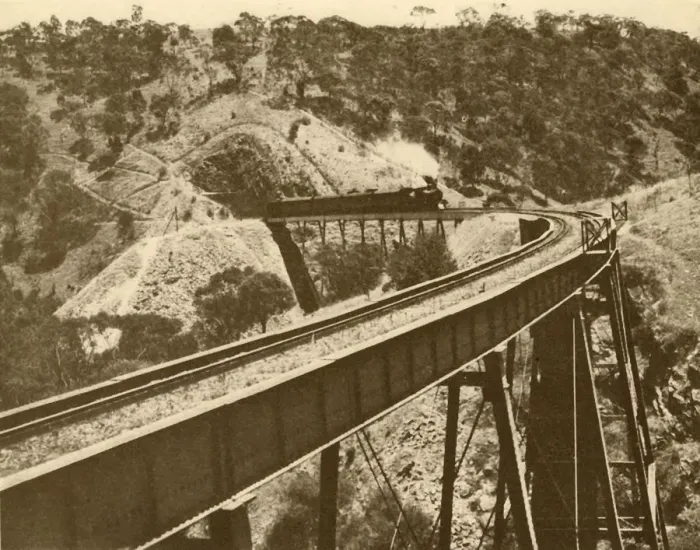 Framed Print : Train Passing Over Viaduct, Mount Lofty Range, South Australia, 1930. Creator: Unknown
