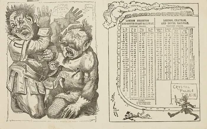 Framed Print : Train timetable and scene from the Crystal Palace pantomime, mid-late19th century. Creator: Unknown Framed Print : Train timetable and scene from the Crystal Palace pantomime, mid-late19th century. Creator: Unknown