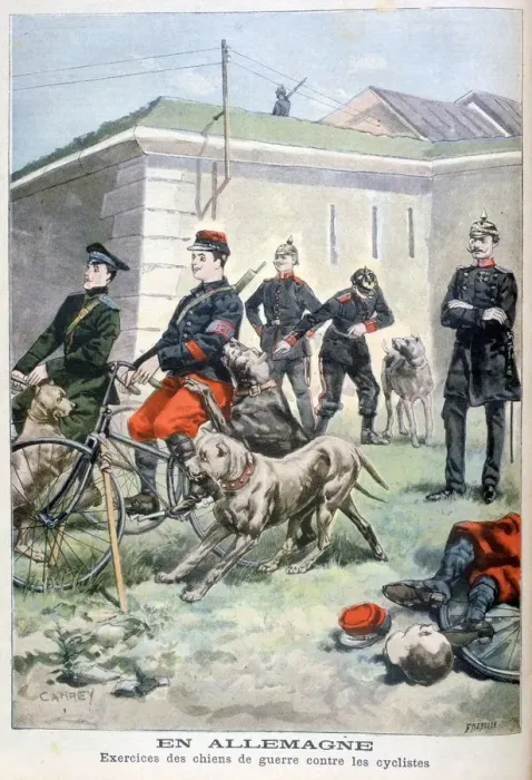 Framed Print : Training army dogs to attack cyclists, Germany, 1897. Artist: F Meaulle Framed Print : Training army dogs to attack cyclists, Germany, 1897. Artist: F Meaulle