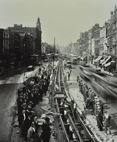 Tramline being laid in the middle of the road, Whitechapel High Street, London, 1929