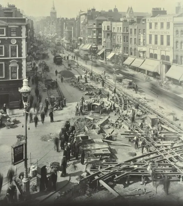 Framed Print : Tramlines being laid, Whitechapel High Street, London, 1929 Framed Print : Tramlines being laid, Whitechapel High Street, London, 1929