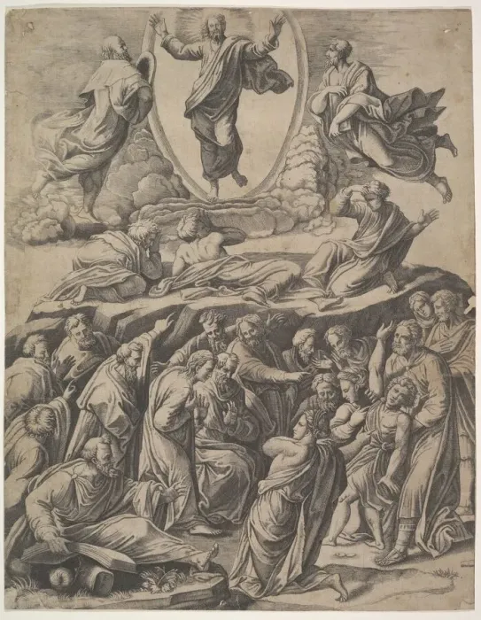 Framed Print : The Transfiguration of Christ who appears upper centre, below him various figures inclu Framed Print : The Transfiguration of Christ who appears upper centre, below him various figures inclu