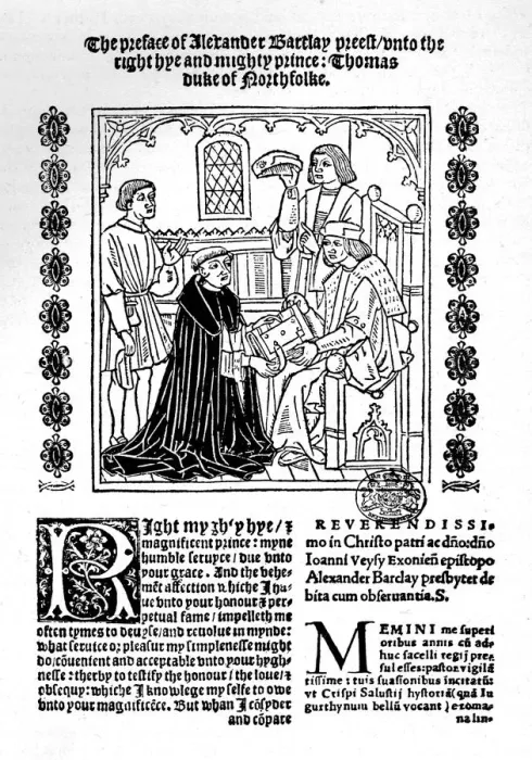 Framed Print : The Translator Presenting His Book to the Duke of Norfolk. c1500-1520, (1923). Artist: Richard Pynson Framed Print : The Translator Presenting His Book to the Duke of Norfolk. c1500-1520, (1923). Artist: Richard Pynson