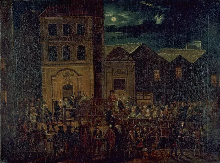 Framed Print : Transport des filles de joie du dépôt Saint-Martin à la Salpêtrière, vers 1750, c1750. Creator: Ecole Francaise