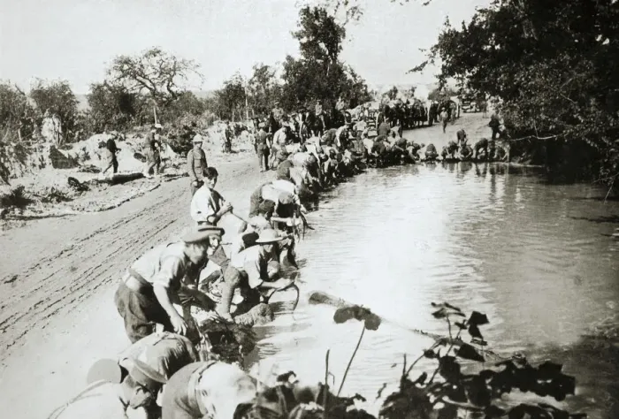 Framed Print : Transport men cleaning their harness at a pond after wet weather, France, World War I, 1916 Framed Print : Transport men cleaning their harness at a pond after wet weather, France, World War I, 1916