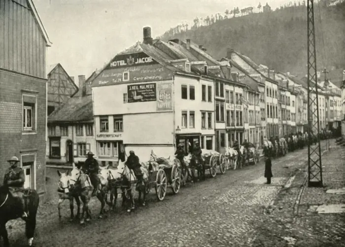 Framed Print : Our Transport Passing Through Malmedy, the First German Town Over the Frontier, (1919) Framed Print : Our Transport Passing Through Malmedy, the First German Town Over the Frontier, (1919)