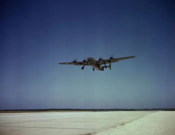 Framed Print : Transport plane takes off on test flight, Consolidated Aircraft Corp. Fort Worth, Texas, 1942. Creator: Howard Hollem Framed Print : Transport plane takes off on test flight, Consolidated Aircraft Corp. Fort Worth, Texas, 1942. Creator: Howard Hollem