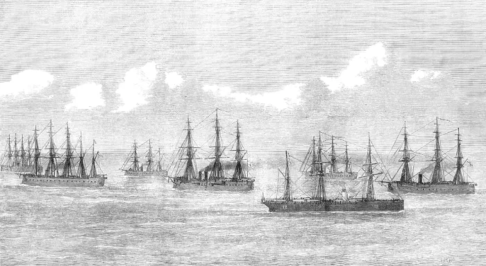 Framed Print : The transport Sarmatian, bound for the Gold Coast, passing Channel Squadron, 1874. Creator: Unknown Framed Print : The transport Sarmatian, bound for the Gold Coast, passing Channel Squadron, 1874. Creator: Unknown