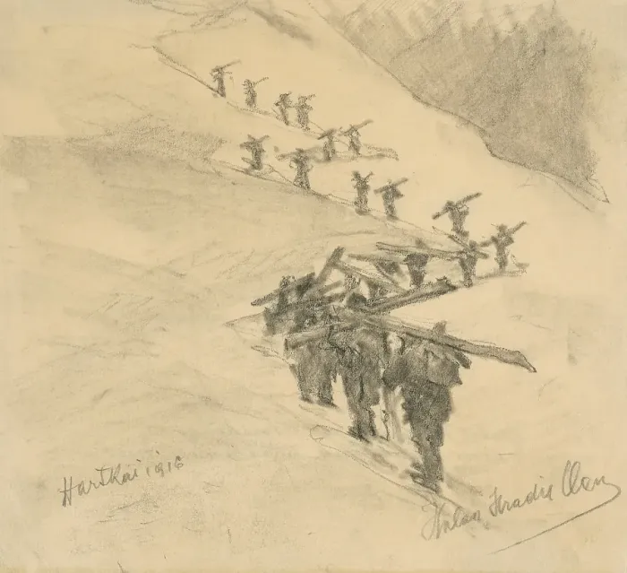 Framed Print : Transportation of boards and exchange of battle groups, 1916. Creator: Elemir Halasz-Hradil Framed Print : Transportation of boards and exchange of battle groups, 1916. Creator: Elemir Halasz-Hradil