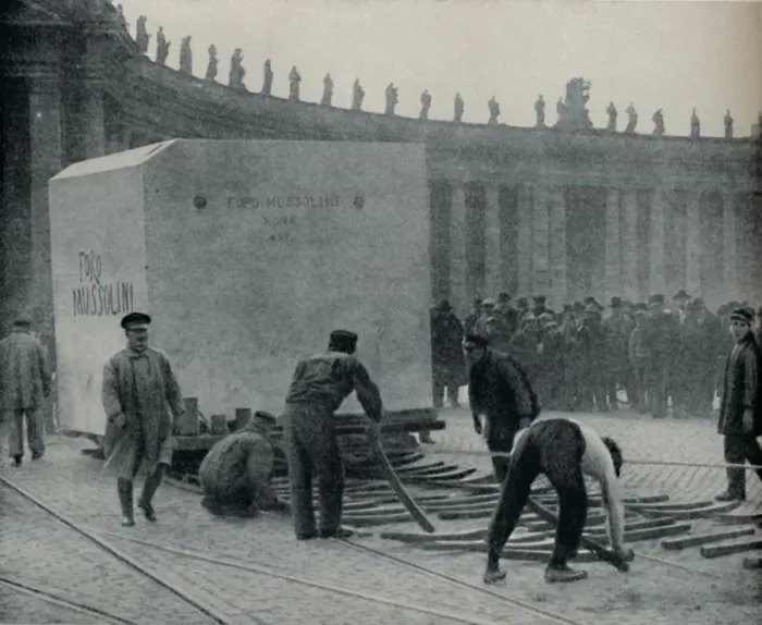 Framed Print : Transporting a Modern Triumph of Carrara Quarrying Through Rome, c1935. Artist: GPA Framed Print : Transporting a Modern Triumph of Carrara Quarrying Through Rome, c1935. Artist: GPA