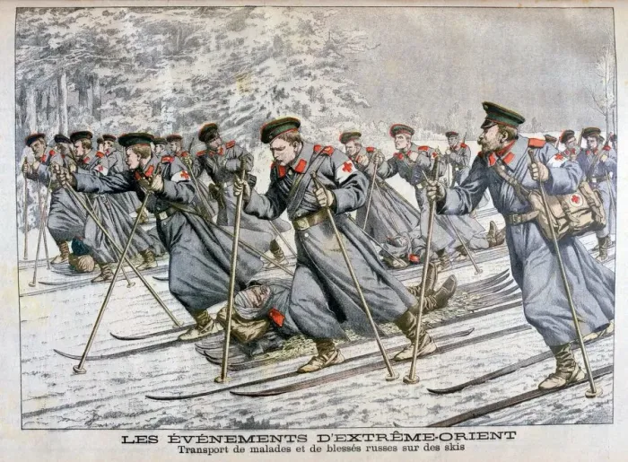 Framed Print : Transporting sick and wounded Russian troops on skis, Russo-Japanese War, 1904 Framed Print : Transporting sick and wounded Russian troops on skis, Russo-Japanese War, 1904