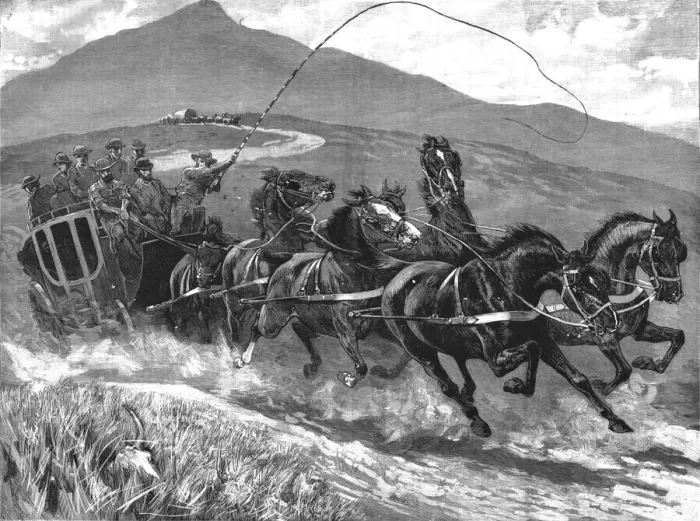 Framed Print : The Transvaal Goldfields and how to reach them--by Coach, Eight in Hand, 1890. Creator: Unknown Framed Print : The Transvaal Goldfields and how to reach them--by Coach, Eight in Hand, 1890. Creator: Unknown