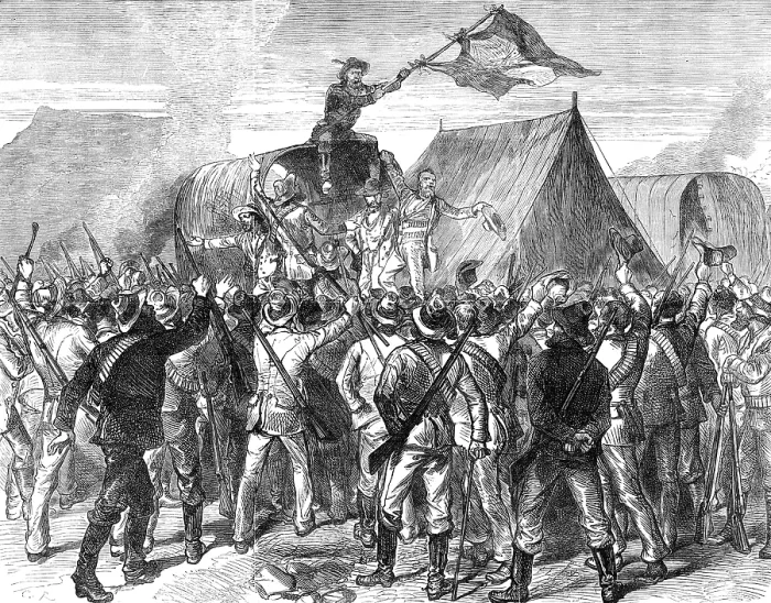 Framed Print : Transvaal War: hoisting the Republican flag in the Boer camp after the declaration of peace, 1881. Creator: C. R Framed Print : Transvaal War: hoisting the Republican flag in the Boer camp after the declaration of peace, 1881. Creator: C. R