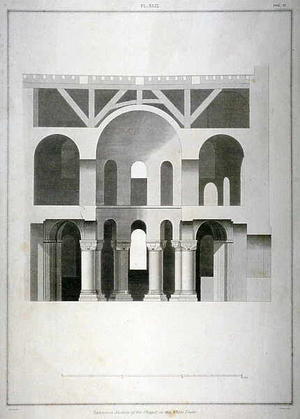 Transverse section of St Johns Chapel in the White Tower, Tower of London, 1815