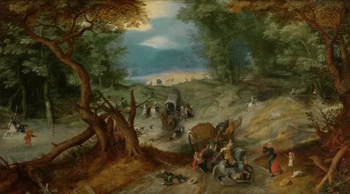 Framed Print : Travallers Attacked by Soldiers. Creator: Jan Brueghel the Elder Framed Print : Travallers Attacked by Soldiers. Creator: Jan Brueghel the Elder