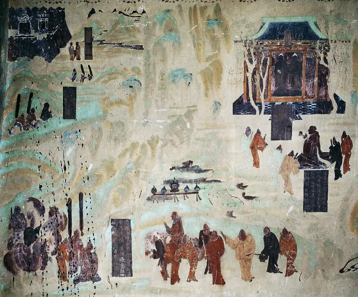 Framed Print : The travel of Zhang Qian to the West. North wall fresco in Mogao Cave 323, 8th century. Creator: Chinese Master Framed Print : The travel of Zhang Qian to the West. North wall fresco in Mogao Cave 323, 8th century. Creator: Chinese Master