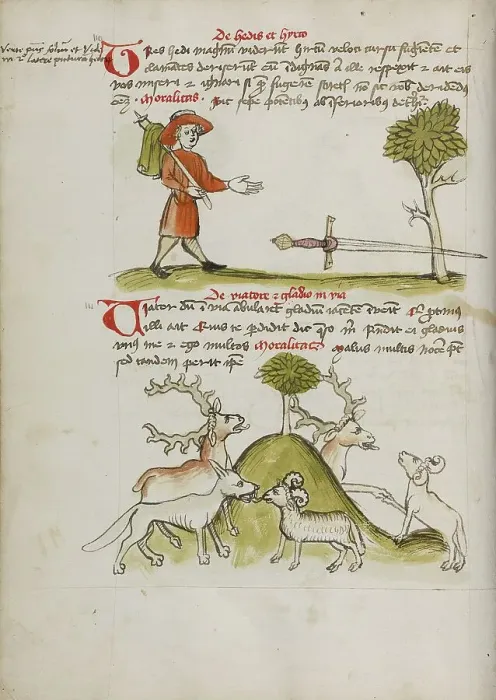 Framed Print : A Traveler Finding a Sword under a Tree: A Stag and a Sheep... third quarter of 15th century. Creator: Unknown Framed Print : A Traveler Finding a Sword under a Tree: A Stag and a Sheep... third quarter of 15th century. Creator: Unknown