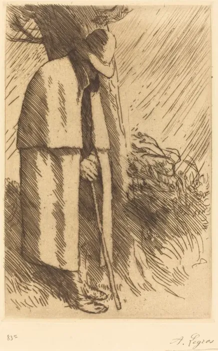 Framed Print : Traveler taking Shelter (Le voyageur a l abri). Creator: Alphonse Legros Framed Print : Traveler taking Shelter (Le voyageur a l abri). Creator: Alphonse Legros