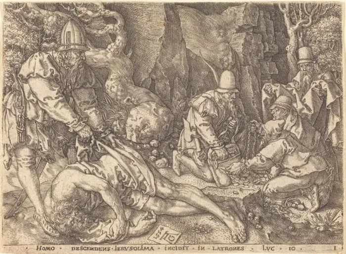 Framed Print : Traveler among Thieves, 1554. Creator: Heinrich Aldegrever Framed Print : Traveler among Thieves, 1554. Creator: Heinrich Aldegrever