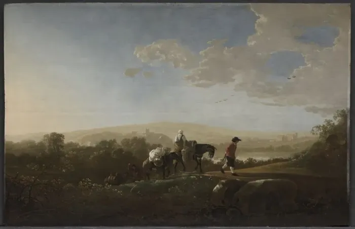 Framed Print : Travelers in Hilly Countryside, c. 1650. Creator: Aelbert Cuyp (Dutch, 1620-1691)