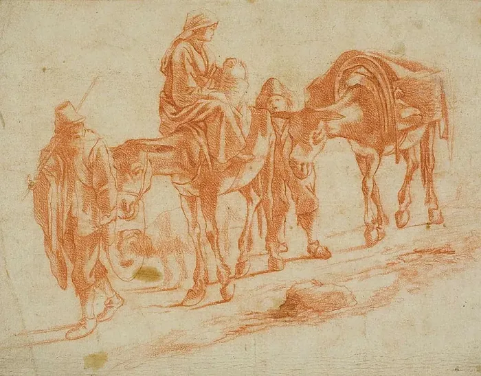 Framed Print : Travelers with Two Mules, n.d. Creator: Jan Miel Framed Print : Travelers with Two Mules, n.d. Creator: Jan Miel