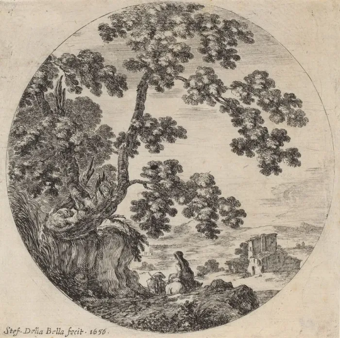 Framed Print : Two Travelers Passing by an Old Oak Tree, 1656. Creator: Stefano della Bella Framed Print : Two Travelers Passing by an Old Oak Tree, 1656. Creator: Stefano della Bella