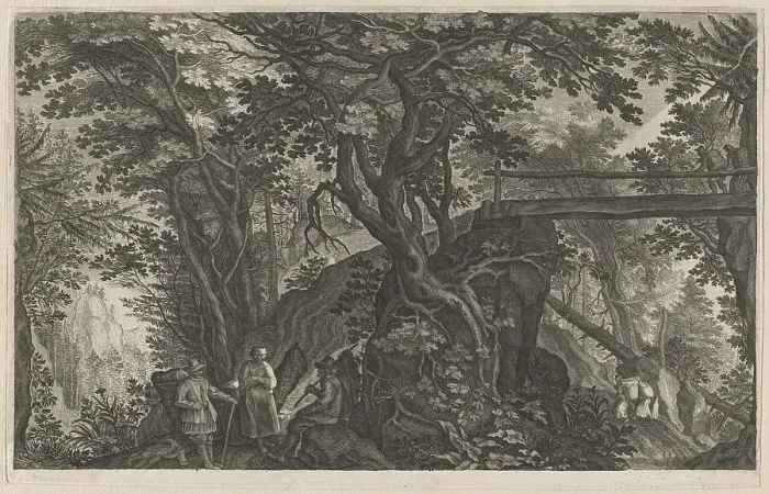 Framed Print : Travelers Resting in a Mountain Forest by a Log Bridge, 1600 / 1615. Creators: Aegidius Sadeler II, Pieter Stevens Framed Print : Travelers Resting in a Mountain Forest by a Log Bridge, 1600 / 1615. Creators: Aegidius Sadeler II, Pieter Stevens