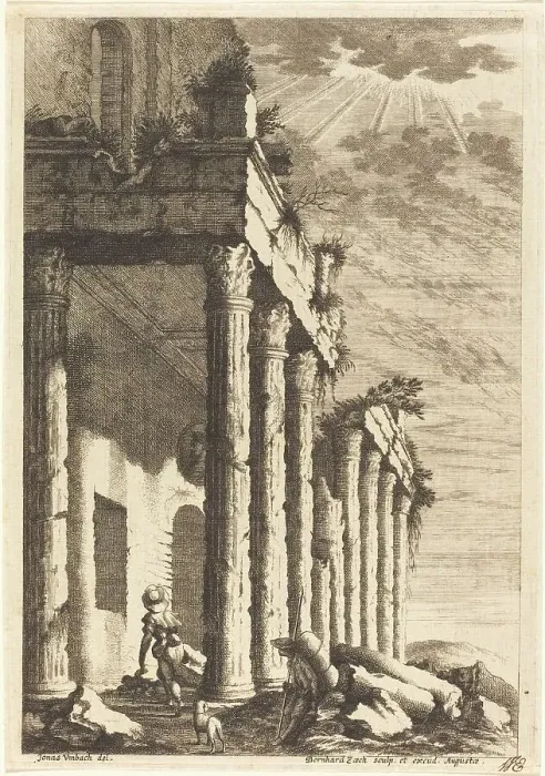 Framed Print : Travelers beside a Ruined Portico, c. 1650. Creator: Bernhard Zaech Framed Print : Travelers beside a Ruined Portico, c. 1650. Creator: Bernhard Zaech