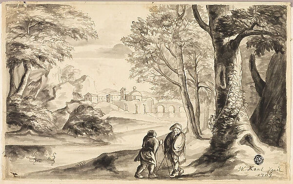 Two Travelers under Tree with Village and Bridge in Distance, 1707. Creator: Unknown