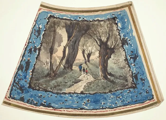 Framed Print : Travelers on a Wooded Path with a Border of Whimsical Figures and Monkeys, 1895. Creator: Henri-Joseph Harpignies Framed Print : Travelers on a Wooded Path with a Border of Whimsical Figures and Monkeys, 1895. Creator: Henri-Joseph Harpignies
