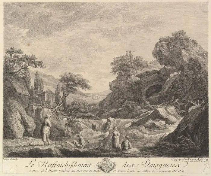 Framed Print : Traveling Women Drinking Water, 1758. Creator: Jean Daullé Framed Print : Traveling Women Drinking Water, 1758. Creator: Jean Daullé