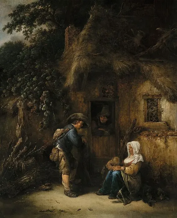 Framed Print : Traveller at a Cottage Door, 1649. Creator: Isaac van Ostade Framed Print : Traveller at a Cottage Door, 1649. Creator: Isaac van Ostade