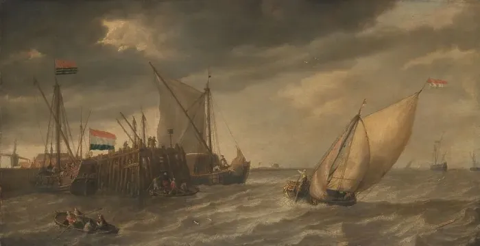 Framed Print : Travellers Disembarking at a Jetty on the Scheldt in Strong Winds, c.1635. Creator: Bonaventura Peeters I Framed Print : Travellers Disembarking at a Jetty on the Scheldt in Strong Winds, c.1635. Creator: Bonaventura Peeters I