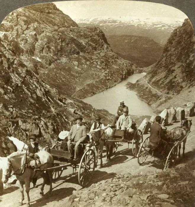 Framed Print : Travellers on mountain road through wild ravine of Seljestad, Norway, c1905. Creator: Unknown Framed Print : Travellers on mountain road through wild ravine of Seljestad, Norway, c1905. Creator: Unknown
