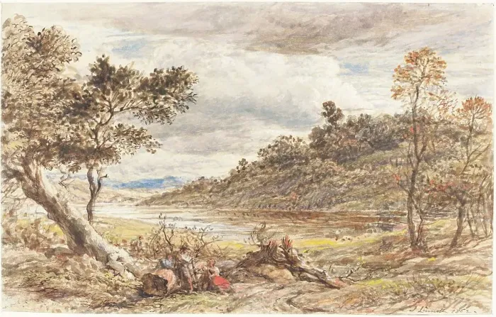 Framed Print : Travellers Resting by a Fallen Tree, 1852. Creator: John Linnell Framed Print : Travellers Resting by a Fallen Tree, 1852. Creator: John Linnell