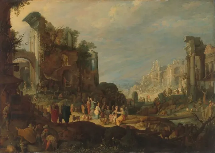 Framed Print : Travellers among Roman Ruins with Rebecca and Eliezer at the Well, c.1602-c.1605. Creator: Willem van Nieulandt Framed Print : Travellers among Roman Ruins with Rebecca and Eliezer at the Well, c.1602-c.1605. Creator: Willem van Nieulandt