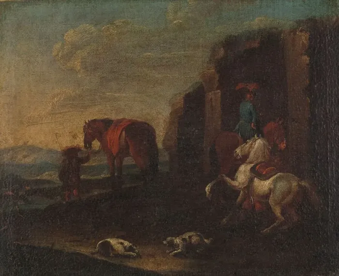 Framed Print : Travellers by a Ruin, c.1700. Creator: Unknown Framed Print : Travellers by a Ruin, c.1700. Creator: Unknown