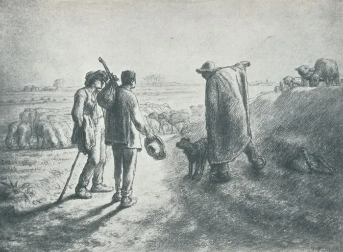 Framed Print : Two Travellers, who have lost their way, asking a shepherd to direct them, 19th century, (1912). Artist: Jean Francois Millet Framed Print : Two Travellers, who have lost their way, asking a shepherd to direct them, 19th century, (1912). Artist: Jean Francois Millet