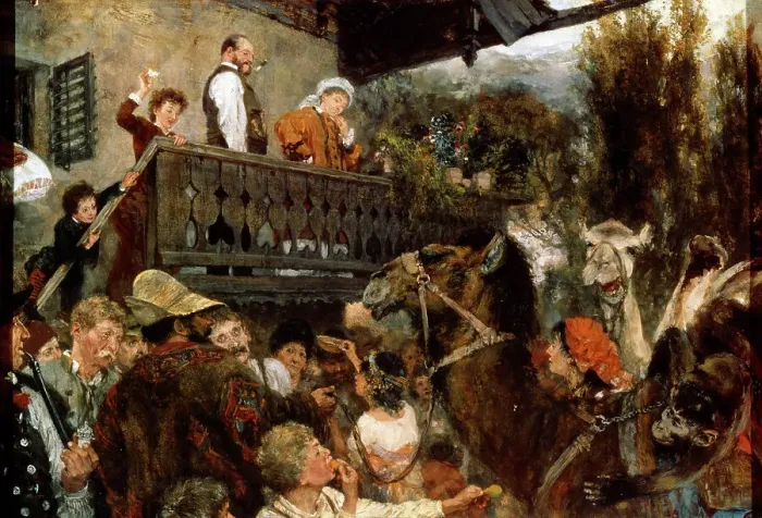 Framed Print : A Travelling Circus (Cameleers in Partenkirchen), 1884. Artist: Adolph Menzel Framed Print : A Travelling Circus (Cameleers in Partenkirchen), 1884. Artist: Adolph Menzel