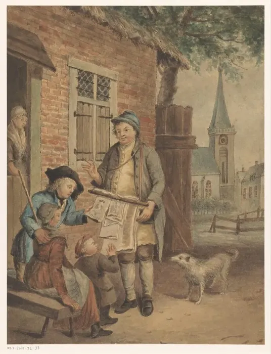 Framed Print : Travelling print-seller in a village, 1800-1899. Creator: Anon Framed Print : Travelling print-seller in a village, 1800-1899. Creator: Anon