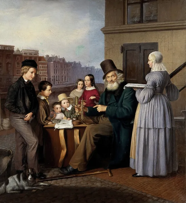 Framed Print : A travelling showman in the Netherlands showing animalcules to children, c1840. Creator: Unknown Framed Print : A travelling showman in the Netherlands showing animalcules to children, c1840. Creator: Unknown