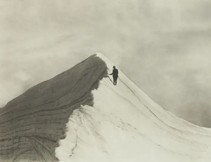 Framed Print : Traversing Annette wind ridge by chief guide F. Milne, Mt Cook district. From the album... 1920s. Creator: Harry Moult Framed Print : Traversing Annette wind ridge by chief guide F. Milne, Mt Cook district. From the album... 1920s. Creator: Harry Moult