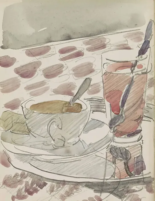Framed Print : Tray with a cup, saucer and glass on a table, c.1916. Creator: Reijer Stolk Framed Print : Tray with a cup, saucer and glass on a table, c.1916. Creator: Reijer Stolk