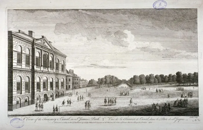 Framed Print : The Treasury and the canal in St Jamess Park, Westminster, London, 1755. Artist Framed Print : The Treasury and the canal in St Jamess Park, Westminster, London, 1755. Artist