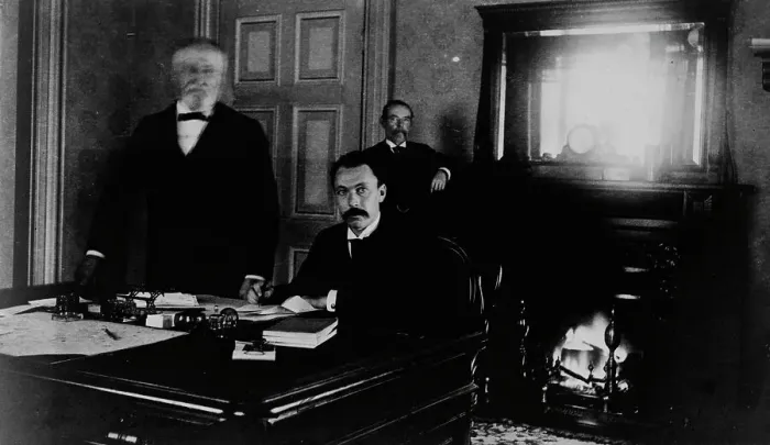 Framed Print : Three Treasury Department employees in office, between 1884 and 1930. Creator: Frances Benjamin Johnston Framed Print : Three Treasury Department employees in office, between 1884 and 1930. Creator: Frances Benjamin Johnston